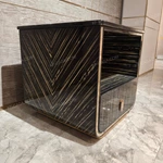 High-Gloss Black & Gold Veneer SideTable with Gold Metal Trim & Locking Drawer